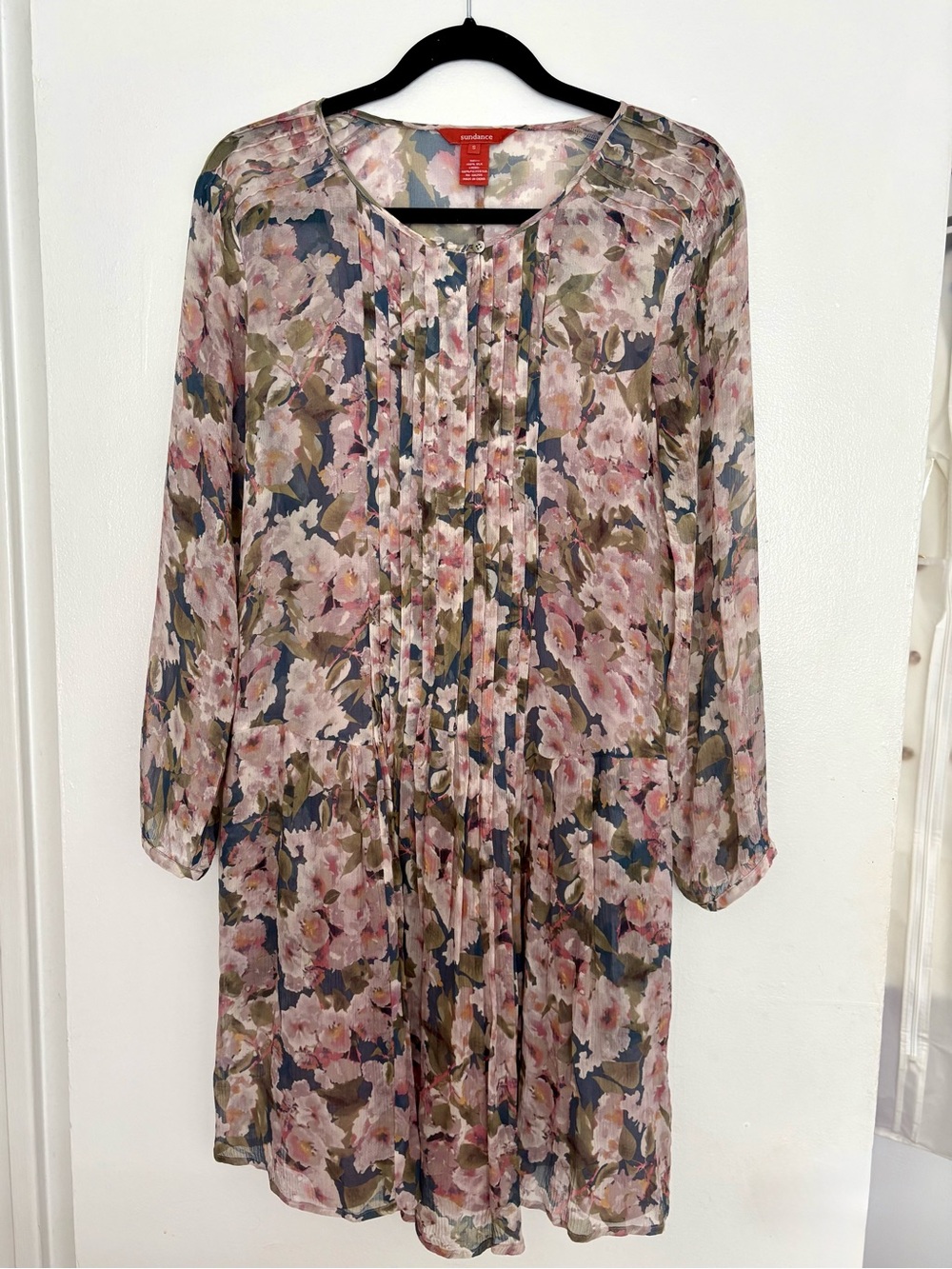 Sundance 100% Silk Floral Pleated Pocket Dress Tunic - Small